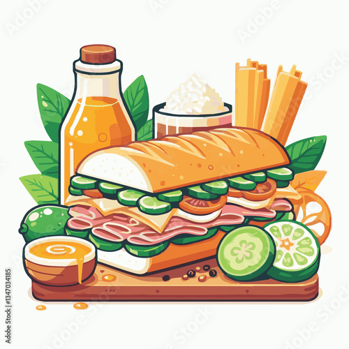 bread, baguette, meal, meat, fresh, food, background, cucumber, carrot, lunch, cuisine, coriander, sandwich, asian, traditional, vietnamese, pork, vietnam, sliced, closeup, cilantro, vegetable, street