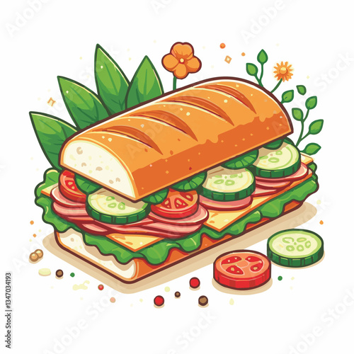 bread, baguette, meal, meat, fresh, food, background, cucumber, carrot, lunch, cuisine, coriander, sandwich, asian, traditional, vietnamese, pork, vietnam, sliced, closeup, cilantro, vegetable, street