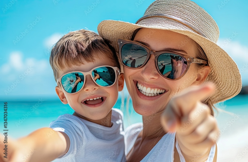 A young child and their mother, both wearing sunglasses, smile joyfully at the camera while pointing towards something off-frame on a sunny beach day in summer. A young child and their mother, both wearing sunglasses, smile joyfully at the camera while pointing towards something off-frame on a sunny beach day in summer.