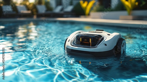A robotic pool cleaner is cleaning the bottom of the swimming pool automatically - photo