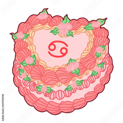 Heart-Shaped Decorative Design Featuring the Cancer Zodiac Symbol and Roses