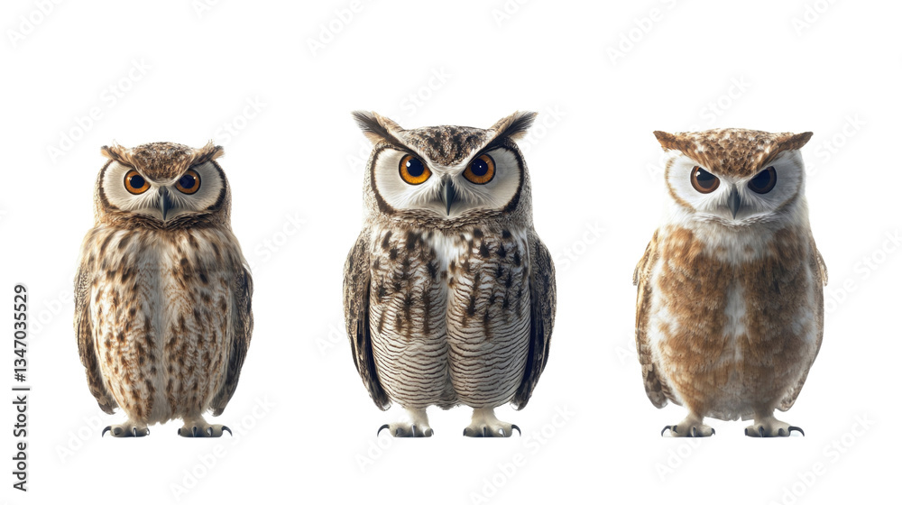 Fototapeta premium Three owls stand side by side, displaying distinct feather patterns and colors. Each owl has a unique expression, emphasizing their individuality in a light background