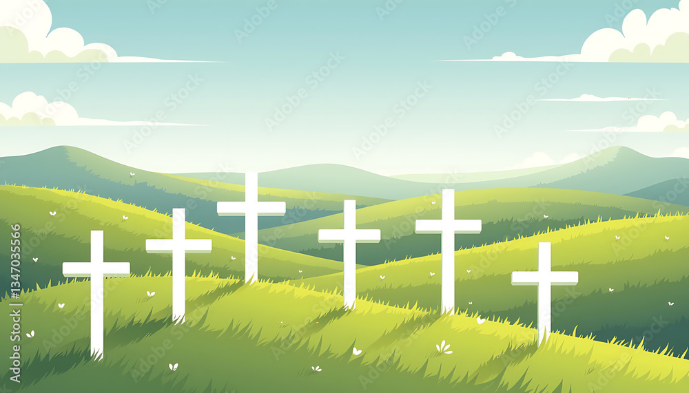 Fototapeta premium Christian crosses on grassy hills under a blue sky