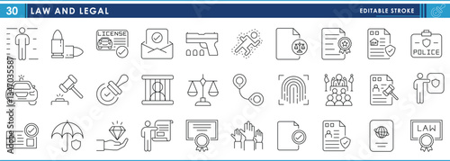 A set of line icons related to Law and Legal. Legal documents, policy, justice, crime, judge, illegal, jail, police, and so on. Vector editable stroke.