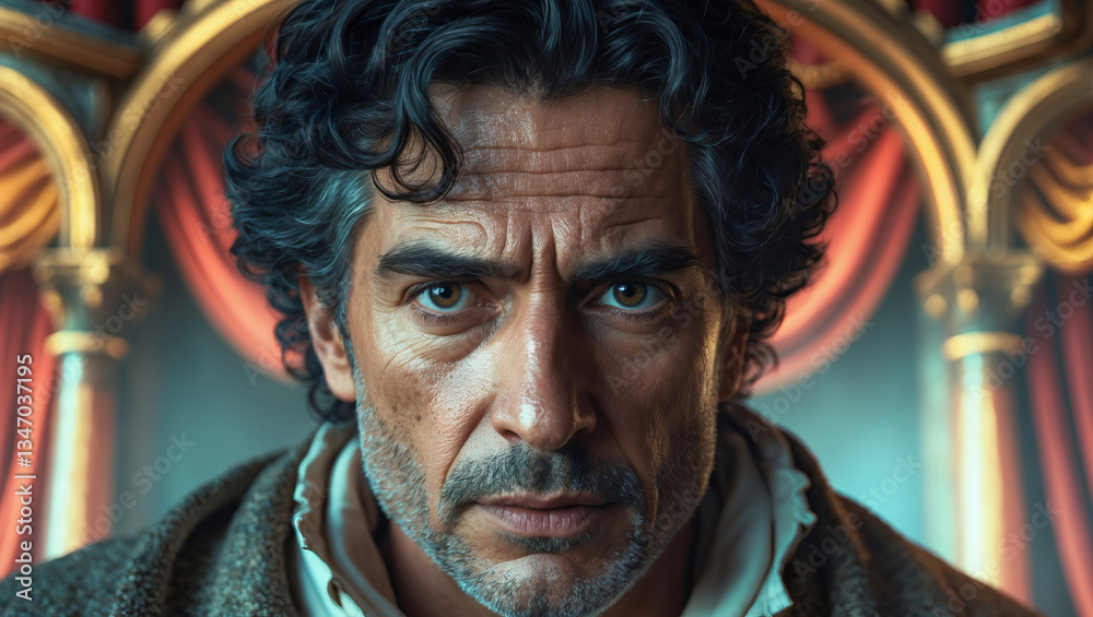 Intense portrait of a man with curly hair and piercing eyes in a classical setting with rich textures Intense portrait of a man with curly hair and piercing eyes in a classical setting with rich textures