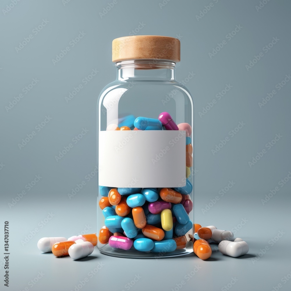 A glass bottle filled with capsules on a light background.
A glass bottle filled with capsules on a light background.