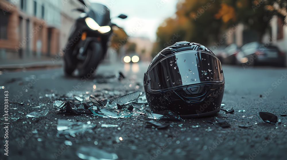 Obraz premium Dramatic Motorcycle Crash: A stark scene unfolds as a motorcycle accident leaves a helmet amidst shattered glass on the pavement, with a motorcycle speeding away in the background.