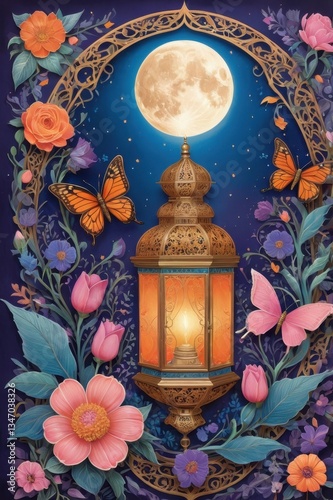 Beautifully Decorated Ramadan Lantern with Crescent and Flowers.

