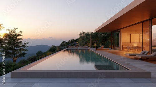Stunning photorealistic rende of a luxurious infinity pool with breathtaking view of sunset over mountains in ultra high fidelity 1-giixel detail