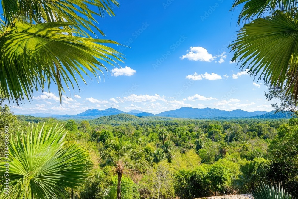 Obraz premium A vibrant landscape featuring lush greenery, distant mountains, and a clear blue sky, framed by tropical palms.
