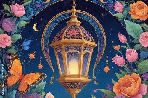 A golden Ramadan lantern with a crescent moon and flowers.

