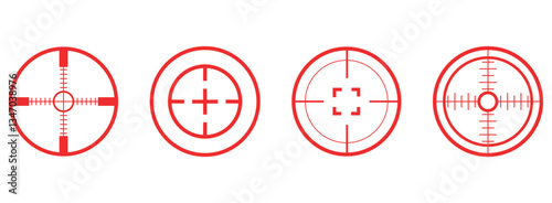 Set of Target Crosshair, gun sight vector icons. Bullseye, red target or aim symbol. Shooting mark sign. Archery, hunting and sports shooting. Game UI element. Isolated on white background.