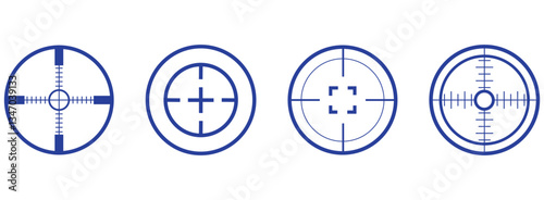 Crosshair, blue gun sight vector icons. Bullseye, red target or aim symbol. Military rifle scope, shooting mark sign. Targeting, aiming for a shot. 