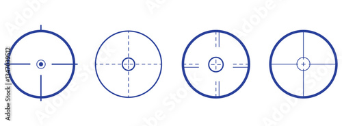 blue gun sight vector icons. Bullseye, black target or aim symbol. Military rifle scope, shooting mark sign. Targeting, aiming for a shot. Archery, hunting and sports shooting. Game UI element.
