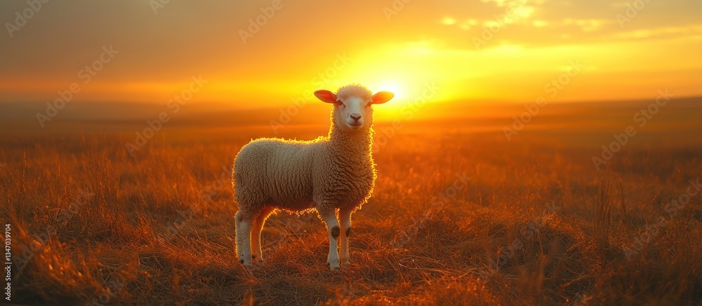 Fototapeta premium Lamb standing in a field at sunset.