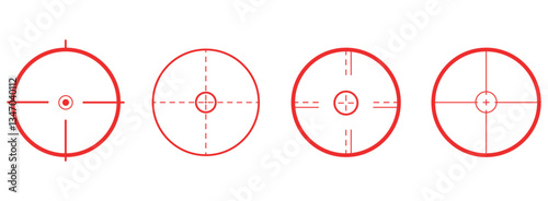 Set of Target Crosshair, gun sight vector icons. Bullseye, red target or aim symbol. Shooting mark sign. Archery, hunting and sports shooting. Game UI element. Isolated on white background.