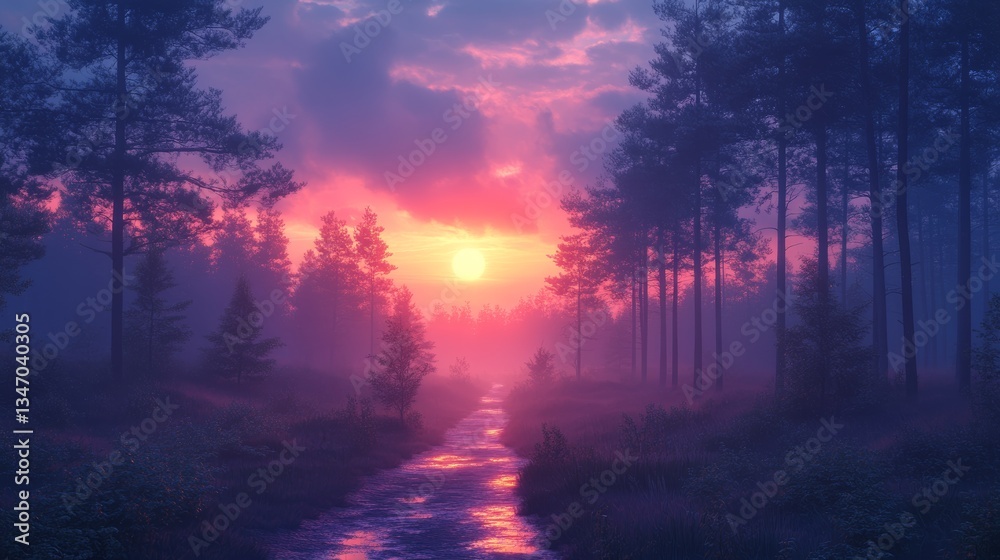 Fototapeta premium forest in dawn with a sky that is going from purple to blue