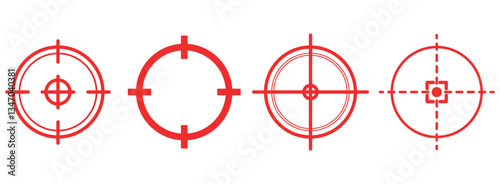 Set of Target Crosshair, gun sight vector icons. Bullseye, red target or aim symbol. Shooting mark sign. Archery, hunting and sports shooting. Game UI element. Isolated on white background.