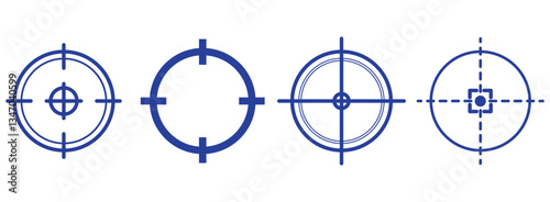 blue gun sight vector icons. Bullseye, black target or aim symbol. Military rifle scope, shooting mark sign. Targeting, aiming for a shot. Archery, hunting and sports shooting. Game UI element.
