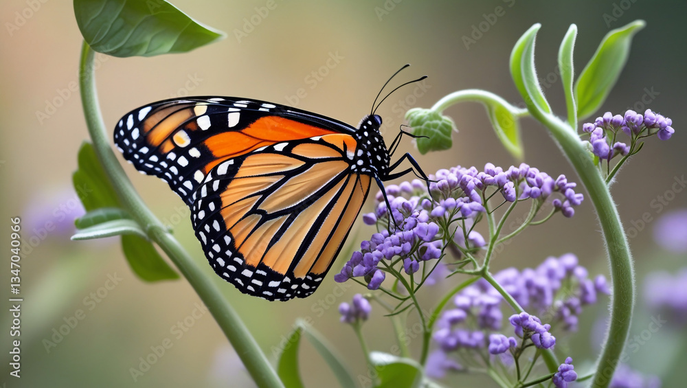 Naklejka premium Beautiful Monarch Butterfly on Purple Flowers
