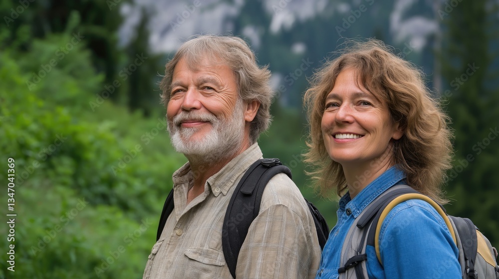 A joyful older couple smiling while hiking through a lush green landscape, embodying adventure, companionship, and the beauty of nature. A joyful older couple smiling while hiking through a lush green landscape, embodying adventure, companionship, and the beauty of nature.