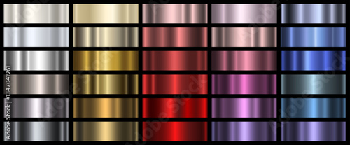 A set of colored metallic gradients on a black background. Metallic texture, shiny background. Vector EPS 10.