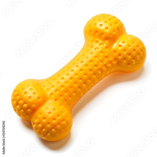 A cheerful yellow rubber bone, a playful dog toy promising hours of fun and fetching games, isolated against a bright white background.