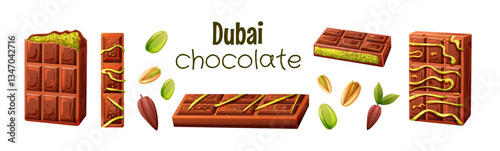 Set of milk dubai chocolate with pistachio paste and cacao beans