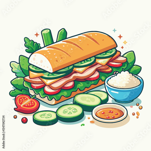 bread, baguette, meal, meat, fresh, food, background, cucumber, carrot, lunch, cuisine, coriander, sandwich, asian, traditional, vietnamese, pork, vietnam, sliced, closeup, cilantro, vegetable, street