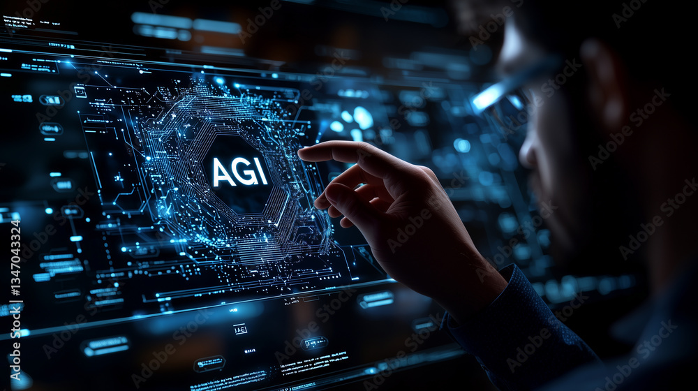 Human hand touches letters AGI on holographic screen. Future artificial general intelligence. A moment of transformation—humanity reaching toward a new era where surpasses boundaries. Soft filter. Human hand touches letters AGI on holographic screen. Future artificial general intelligence. A moment of transformation—humanity reaching toward a new era where surpasses boundaries. Soft filter.