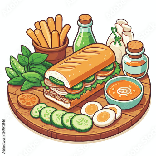 bread, baguette, meal, meat, fresh, food, background, cucumber, carrot, lunch, cuisine, coriander, sandwich, asian, traditional, vietnamese, pork, vietnam, sliced, closeup, cilantro, vegetable, street
