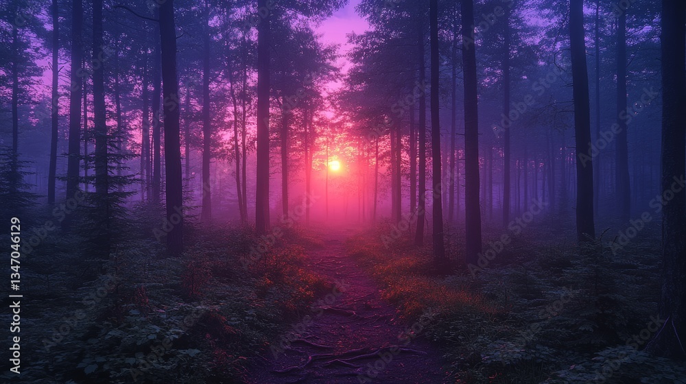 Fototapeta premium forest in dawn with a sky that is going from purple to blue