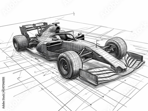 Wallpaper Mural Formula 1 Car Sketch: A detailed illustration of a Formula 1 race car, showcasing its sleek design and aerodynamic features, presented on a blueprint background.  Torontodigital.ca