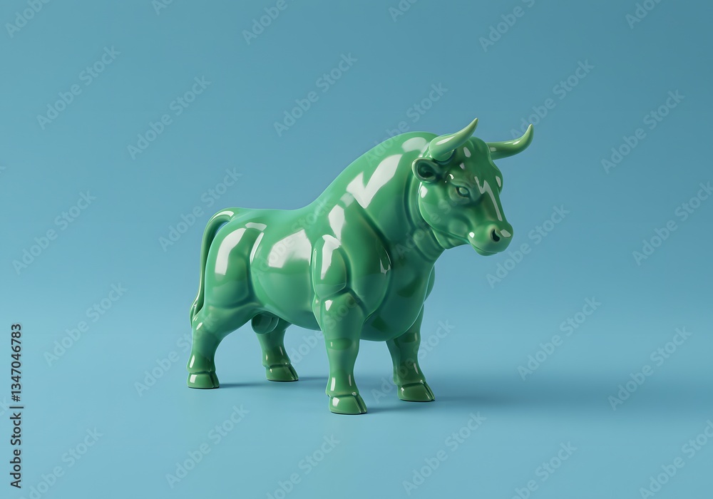 Fototapeta premium Green Bull Sculpture on a Vibrant Backdrop – Financial Growth and Market Optimism