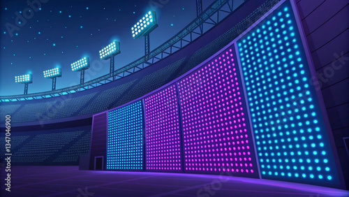 A professional stage setup with dynamic lighting, digital screens, and a tech-driven ambiance for live events.