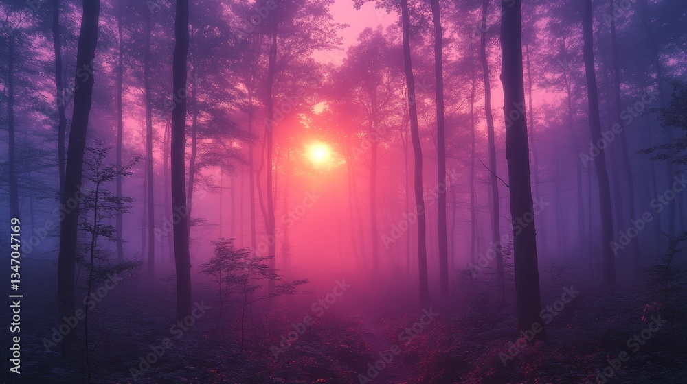 Fototapeta premium forest in dawn with a sky that is going from purple to blue