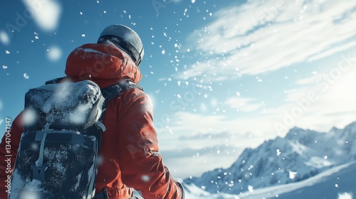 Snow-covered mountaineer in a red insulated jacket and backpack, braving the cold elements with determination, surrounded by breathtaking winter scenery.