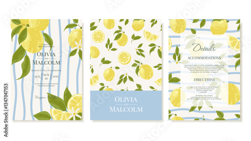 Summer Wedding Invitation with Lemons and Leaves. Vector Templates
