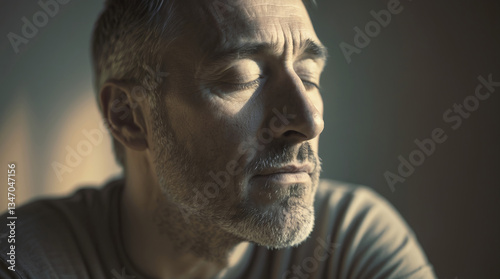 Man in contemplative mood reflecting on life in soft natural light during early morning hours