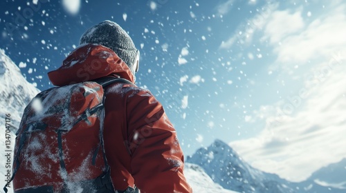 Back view of a hiker in a red winter jacket, trekking through the snowy mountains, carrying a frost-covered backpack under a brilliant blue sky.