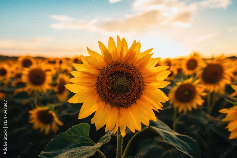 Fototapeta premium Field of sunflowers at sunset showcasing vibrant yellow petals and a golden sky