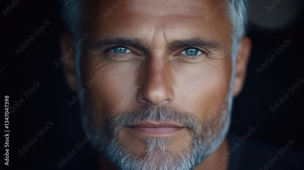 Close-up portrait of a mature man with striking blue eyes and a stylish gray beard. His expression is thoughtful and confident, set against a dark background. Close-up portrait of a mature man with striking blue eyes and a stylish gray beard. His expression is thoughtful and confident, set against a dark background.