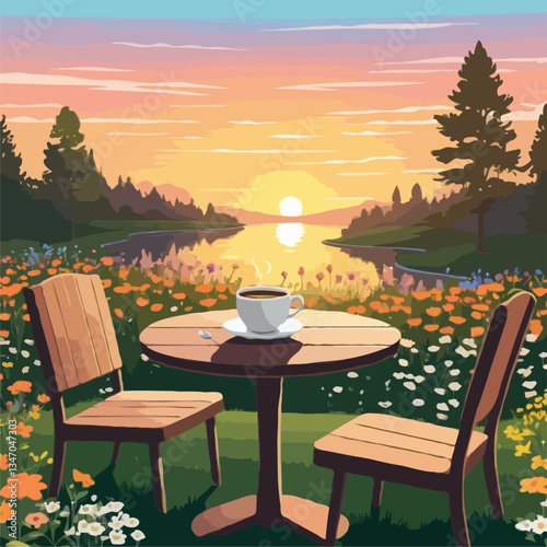 Wallpaper Mural A Cup of Coffee at a Garden Table Overlooking a Tranquil Lake Torontodigital.ca