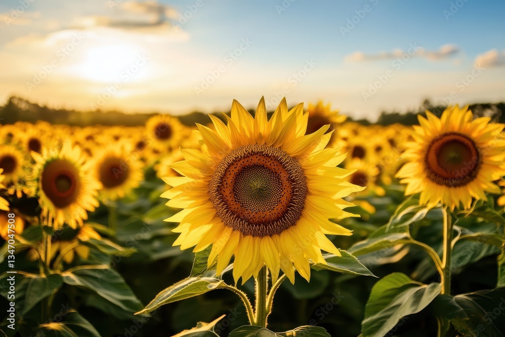 Fototapeta premium Sunflower field at sunset with vibrant blooms reaching toward the sky in a rural landscape