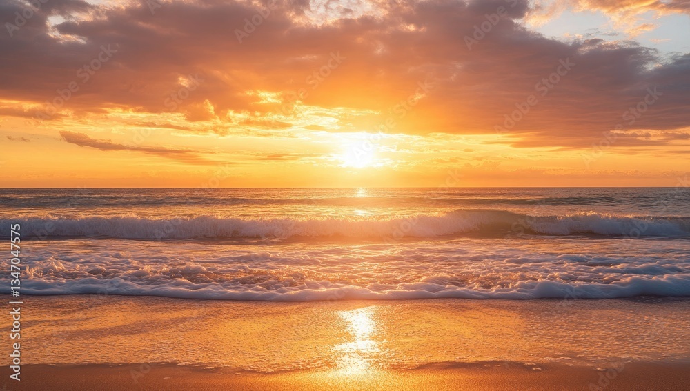 Golden sunset over the ocean waves crashing on the shore