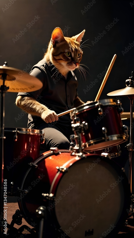 Fototapeta premium A red cat in a suit plays the drums.