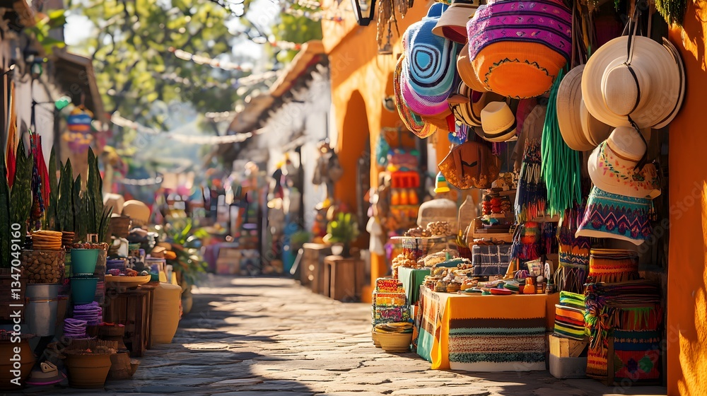 Fototapeta premium A picturesque view of a traditional Mexican market during Cinco de Mayo with vendors selling handmade crafts, sombreros, colorful textiles and delicious street food.