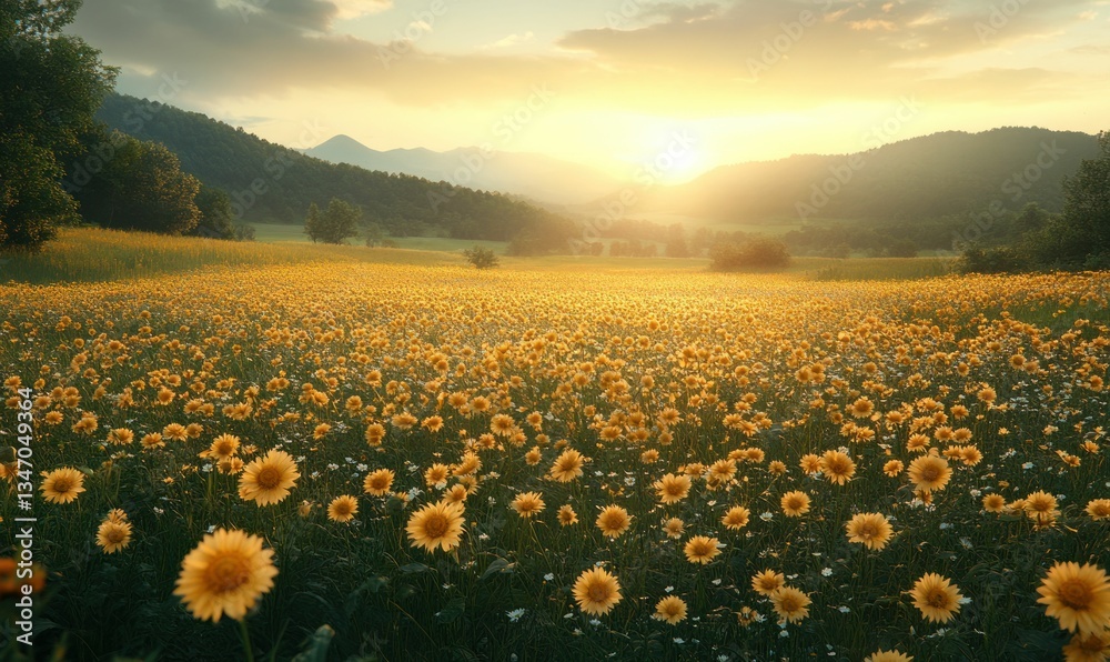 Fototapeta premium Golden sunset over vast sunflower field, serene mountains.