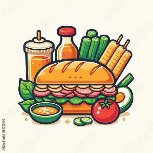 bread, baguette, meal, meat, fresh, food, background, cucumber, carrot, lunch, cuisine, coriander, sandwich, asian, traditional, vietnamese, pork, vietnam, sliced, closeup, cilantro, vegetable, street