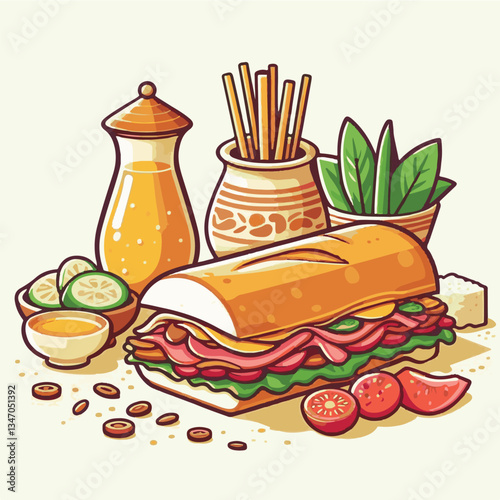 bread, baguette, meal, meat, fresh, food, background, cucumber, carrot, lunch, cuisine, coriander, sandwich, asian, traditional, vietnamese, pork, vietnam, sliced, closeup, cilantro, vegetable, street